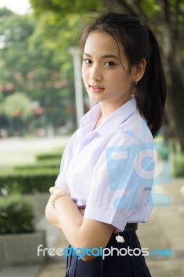 Portrait Of Thai High School Student Uniform Teen Beautiful Girl Happy And Relax, Stock Photo