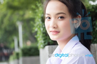 Portrait Of Thai High School Student Uniform Teen Beautiful Girl Happy And Relax, Stock Photo