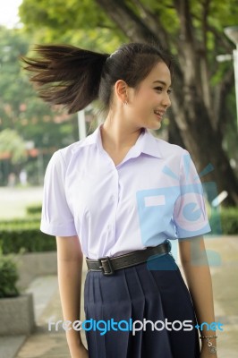 Portrait Of Thai High School Student Uniform Teen Beautiful Girl Happy And Relax, Stock Photo