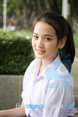 Portrait Of Thai High School Student Uniform Teen Beautiful Girl Happy And Relax, Stock Photo