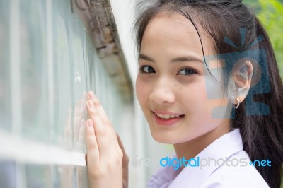 Portrait Of Thai High School Student Uniform Teen Beautiful Girl Happy And Relax, Stock Photo