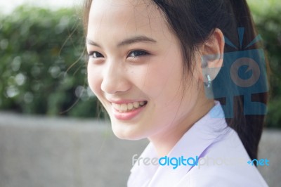 Portrait Of Thai High School Student Uniform Teen Beautiful Girl Happy And Relax, Stock Photo