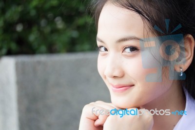 Portrait Of Thai High School Student Uniform Teen Beautiful Girl Happy And Relax, Stock Photo