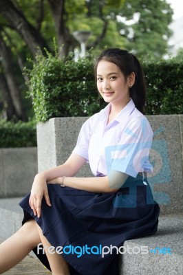 Portrait Of Thai High School Student Uniform Teen Beautiful Girl Happy And Relax, Stock Photo