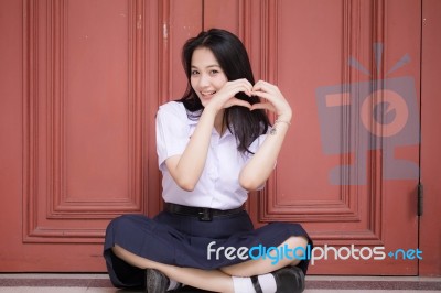 Portrait Of Thai High School Student Uniform Teen Beautiful Girl Happy And Relax, Stock Photo