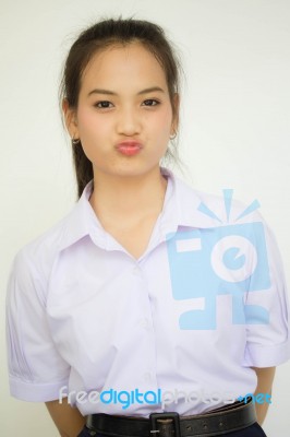 Portrait Of Thai High School Student Uniform Teen Beautiful Girl Happy And Relax, Stock Photo