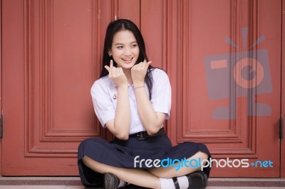 Portrait Of Thai High School Student Uniform Teen Beautiful Girl Happy And Relax, Stock Photo