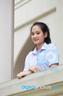 Portrait Of Thai High School Student Uniform Teen Beautiful Girl Happy And Relax, Stock Photo