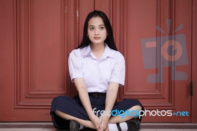 Portrait Of Thai High School Student Uniform Teen Beautiful Girl Happy And Relax, Stock Photo