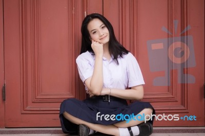 Portrait Of Thai High School Student Uniform Teen Beautiful Girl Happy And Relax, Stock Photo