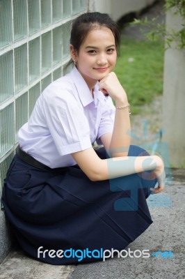 Portrait Of Thai High School Student Uniform Teen Beautiful Girl Happy And Relax, Stock Photo