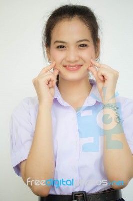 Portrait Of Thai High School Student Uniform Teen Beautiful Girl Happy And Relax, Stock Photo