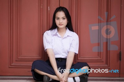 Portrait Of Thai High School Student Uniform Teen Beautiful Girl Happy And Relax, Stock Photo