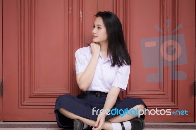 Portrait Of Thai High School Student Uniform Teen Beautiful Girl Happy And Relax, Stock Photo