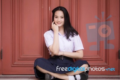 Portrait Of Thai High School Student Uniform Teen Beautiful Girl Happy And Relax, Stock Photo