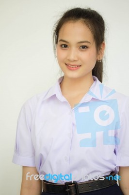 Portrait Of Thai High School Student Uniform Teen Beautiful Girl Happy And Relax, Stock Photo