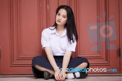 Portrait Of Thai High School Student Uniform Teen Beautiful Girl Happy And Relax, Stock Photo