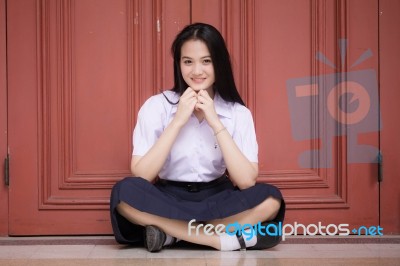 Portrait Of Thai High School Student Uniform Teen Beautiful Girl Happy And Relax, Stock Photo