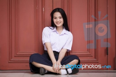 Portrait Of Thai High School Student Uniform Teen Beautiful Girl Happy And Relax, Stock Photo