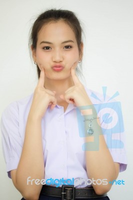 Portrait Of Thai High School Student Uniform Teen Beautiful Girl Happy And Relax, Stock Photo