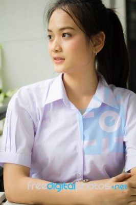 Portrait Of Thai High School Student Uniform Teen Beautiful Girl Happy And Relax, Stock Photo