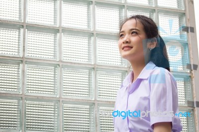 Portrait Of Thai High School Student Uniform Teen Beautiful Girl Happy And Relax, Stock Photo