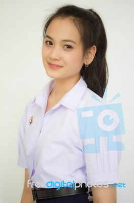 Portrait Of Thai High School Student Uniform Teen Beautiful Girl Happy And Relax, Stock Photo