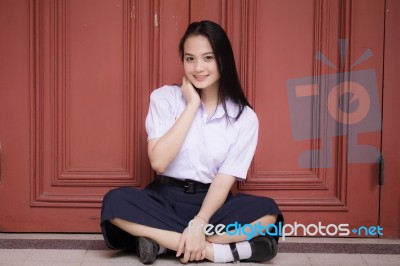 Portrait Of Thai High School Student Uniform Teen Beautiful Girl Happy And Relax, Stock Photo