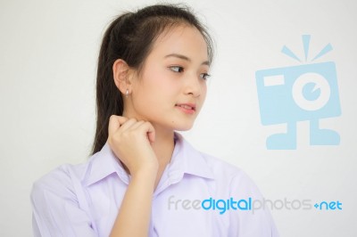 Portrait Of Thai High School Student Uniform Teen Beautiful Girl Happy And Relax, Stock Photo