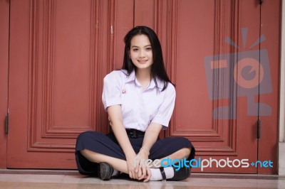 Portrait Of Thai High School Student Uniform Teen Beautiful Girl Happy And Relax, Stock Photo