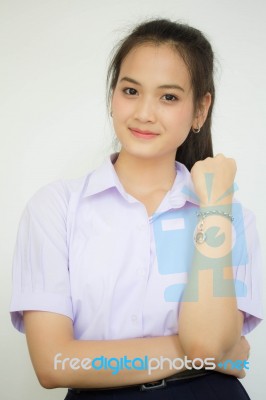 Portrait Of Thai High School Student Uniform Teen Beautiful Girl Happy And Relax, Stock Photo