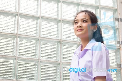 Portrait Of Thai High School Student Uniform Teen Beautiful Girl Happy And Relax, Stock Photo