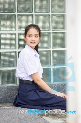 Portrait Of Thai High School Student Uniform Teen Beautiful Girl Happy And Relax, Stock Photo