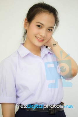 Portrait Of Thai High School Student Uniform Teen Beautiful Girl Happy And Relax, Stock Photo