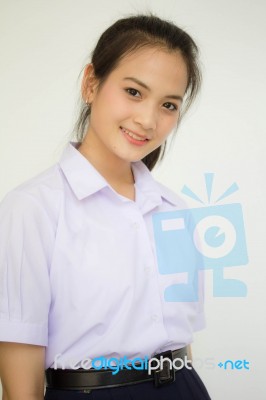 Portrait Of Thai High School Student Uniform Teen Beautiful Girl Happy And Relax, Stock Photo