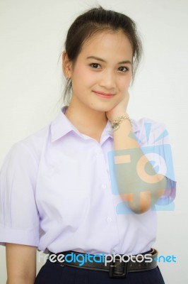 Portrait Of Thai High School Student Uniform Teen Beautiful Girl Happy And Relax, Stock Photo