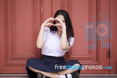 Portrait Of Thai High School Student Uniform Teen Beautiful Girl Happy And Relax, Stock Photo