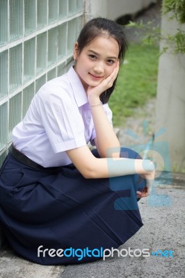 Portrait Of Thai High School Student Uniform Teen Beautiful Girl Happy And Relax, Stock Photo