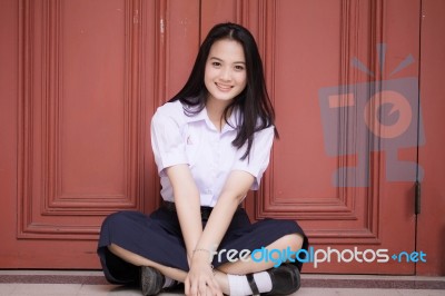 Portrait Of Thai High School Student Uniform Teen Beautiful Girl Happy And Relax, Stock Photo