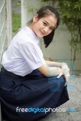 Portrait Of Thai High School Student Uniform Teen Beautiful Girl Happy And Relax, Stock Photo