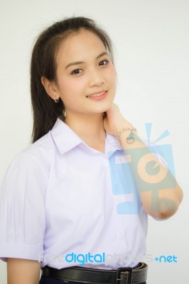 Portrait Of Thai High School Student Uniform Teen Beautiful Girl Happy And Relax, Stock Photo