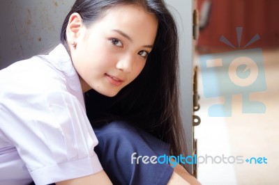 Portrait Of Thai High School Student Uniform Teen Beautiful Girl Happy And Relax, Stock Photo