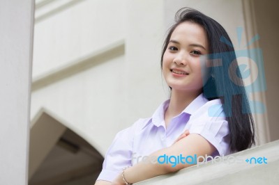 Portrait Of Thai High School Student Uniform Teen Beautiful Girl Happy And Relax, Stock Photo