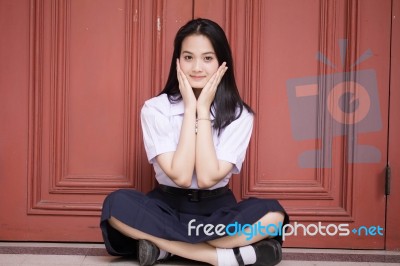 Portrait Of Thai High School Student Uniform Teen Beautiful Girl Happy And Relax, Stock Photo