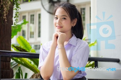 Portrait Of Thai High School Student Uniform Teen Beautiful Girl Happy And Relax, Stock Photo