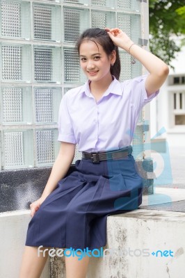 Portrait Of Thai High School Student Uniform Teen Beautiful Girl Happy And Relax, Stock Photo