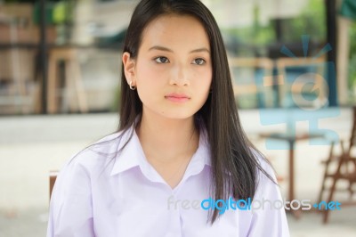 Portrait Of Thai High School Student Uniform Teen Beautiful Girl Happy And Relax, Stock Photo