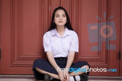 Portrait Of Thai High School Student Uniform Teen Beautiful Girl Happy And Relax, Stock Photo