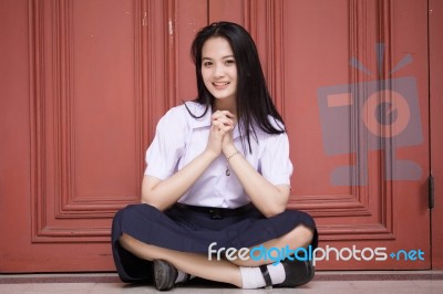 Portrait Of Thai High School Student Uniform Teen Beautiful Girl Happy And Relax, Stock Photo