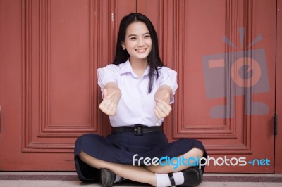 Portrait Of Thai High School Student Uniform Teen Beautiful Girl Happy And Relax, Stock Photo